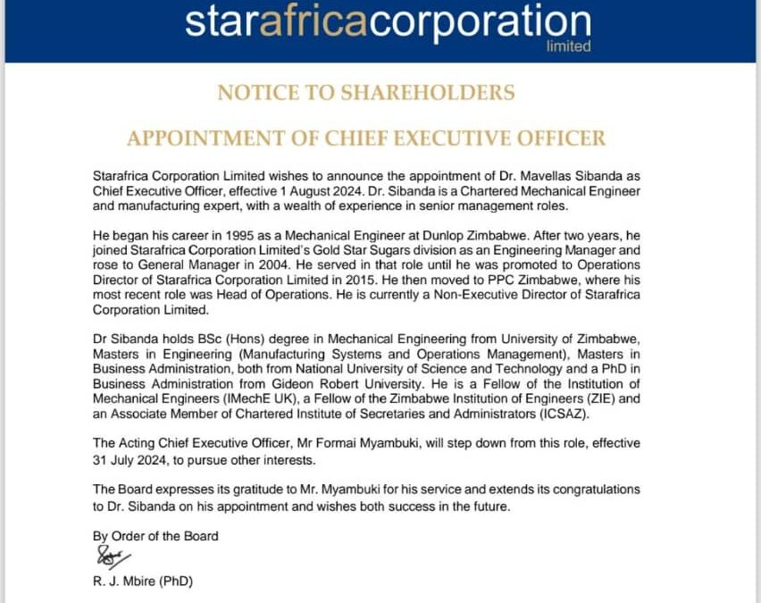 NOTICE TO SHAREHOLDERS APPOINTMENT OF CHIEF EXECUTIVE OFFICER